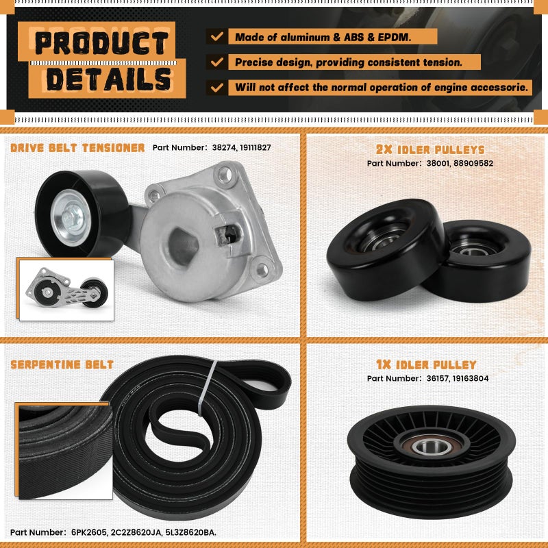 FQRANBO 90K-38274A Serpentine Belt Drive Kit Tensioner & Idler Pulley Fits for Ford Expedition F150 F250 F350 Lincoln Navigator Mercury Mountaineer 2005-2014 Replaces 38274 6PK2605 - Image 3