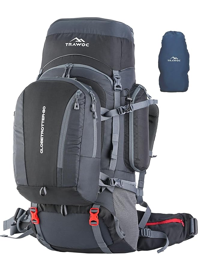 Trawoc حقيبة ظهر غلوبتروتر 80 لتر (70+10) بإطار معدني وألياف داخلي للرجال والنساء للتنزه، والتخييم، والسفر مع حقيبة نهارية قابلة للفصل، وغطاء مطري، وحيز للأحذية. - Image 1
