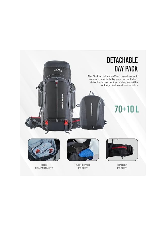 Trawoc حقيبة ظهر غلوبتروتر 80 لتر (70+10) بإطار معدني وألياف داخلي للرجال والنساء للتنزه، والتخييم، والسفر مع حقيبة نهارية قابلة للفصل، وغطاء مطري، وحيز للأحذية. - Image 2