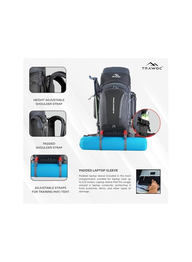 Trawoc حقيبة ظهر غلوبتروتر 80 لتر (70+10) بإطار معدني وألياف داخلي للرجال والنساء للتنزه، والتخييم، والسفر مع حقيبة نهارية قابلة للفصل، وغطاء مطري، وحيز للأحذية. - Image 3