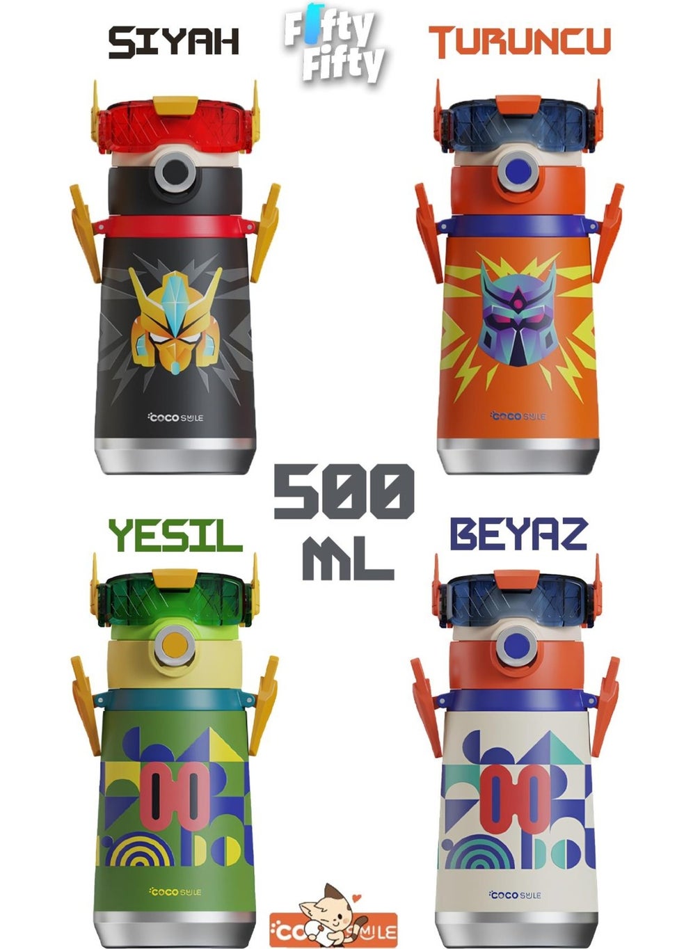 Vagonlife - Cocosmile Special Boxed 500 ml Steel Thermos with Straw and 4 Different Robot Models with Neck Strap CS0001 - Image 1