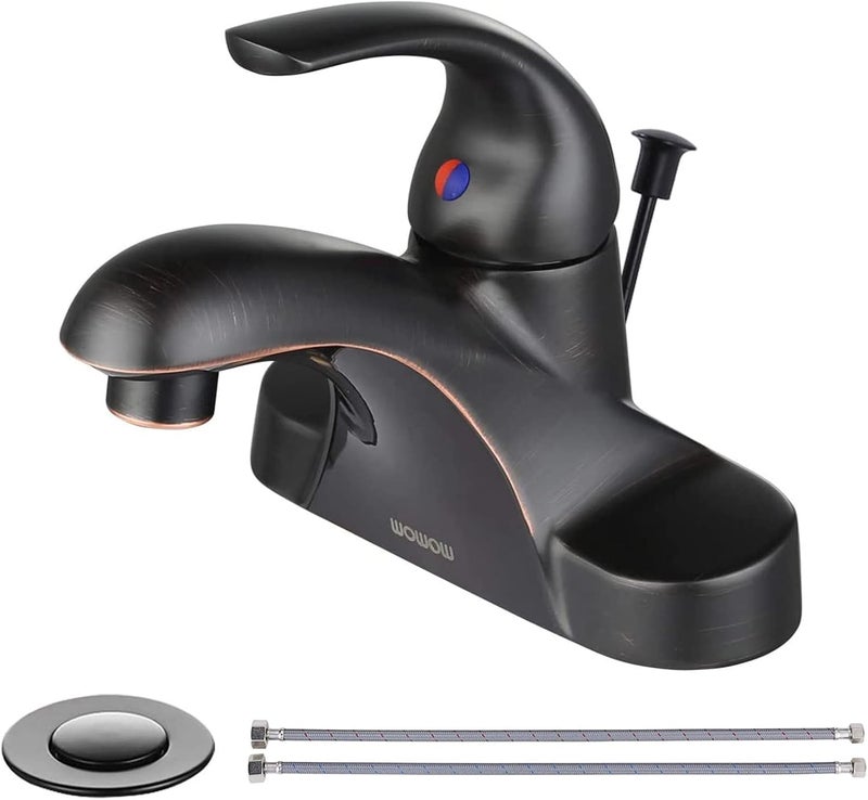 WOWOW Single Handle Commercial Bathroom Faucet Oiled Rubbed Bronze 4 inch Centerset Bathroom Basin Sink Faucets One Handle Vanity Faucets Basin Mixer Tap with Lift Rod Drain Assembly - Image 1