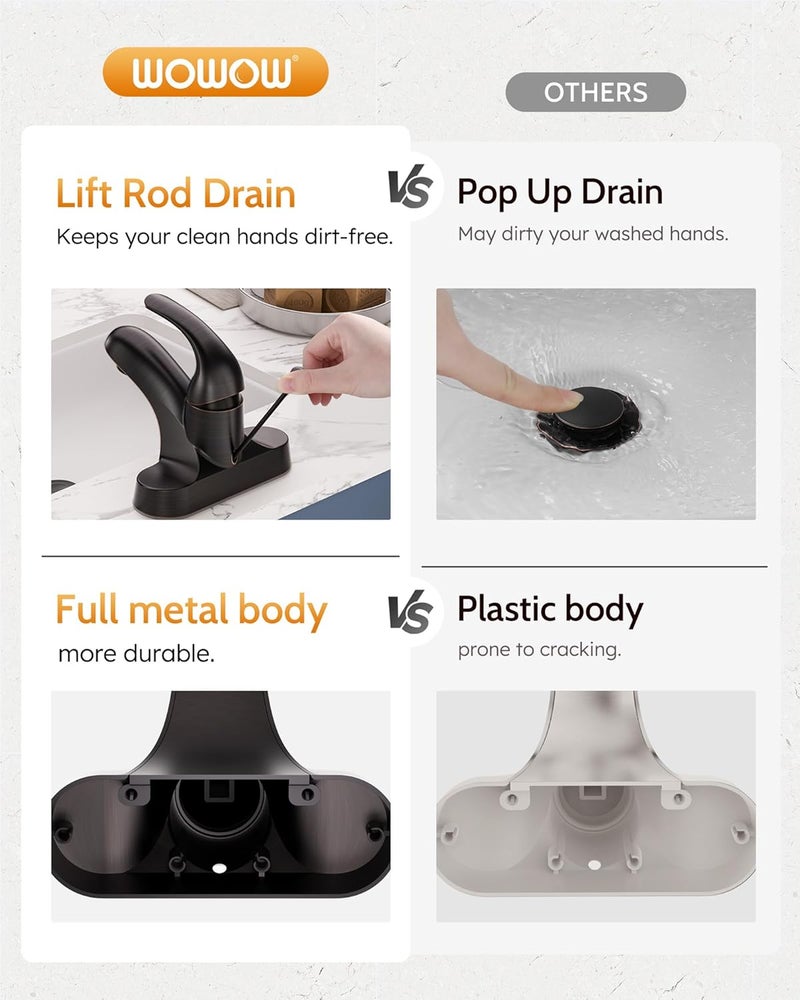 WOWOW Single Handle Commercial Bathroom Faucet Oiled Rubbed Bronze 4 inch Centerset Bathroom Basin Sink Faucets One Handle Vanity Faucets Basin Mixer Tap with Lift Rod Drain Assembly - Image 3