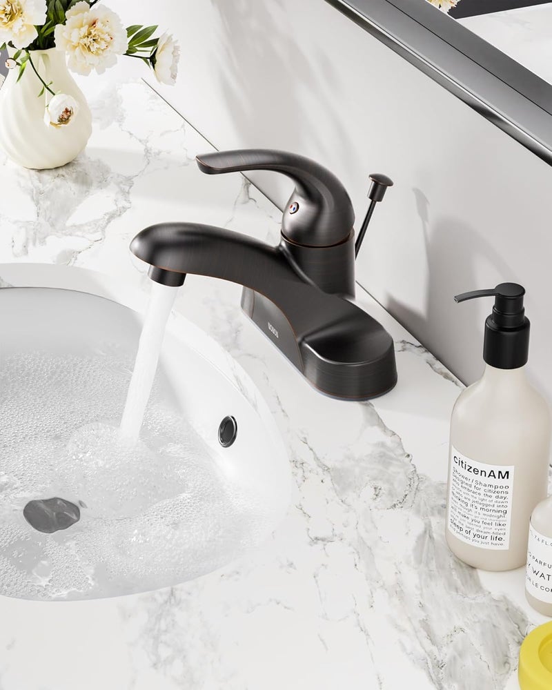 WOWOW Single Handle Commercial Bathroom Faucet Oiled Rubbed Bronze 4 inch Centerset Bathroom Basin Sink Faucets One Handle Vanity Faucets Basin Mixer Tap with Lift Rod Drain Assembly - Image 2