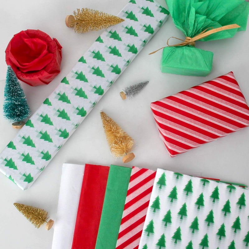Blisstime Christmas Tissue Paper Gift Wrapping Paper, 120 Sheets, 13.5" X 19.5", White, Red, Green, Red Stripe, Christmas Trees Design - Image 3