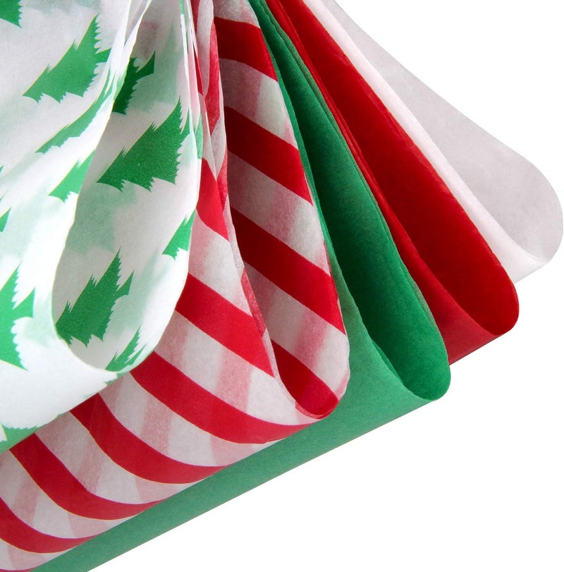 Blisstime Christmas Tissue Paper Gift Wrapping Paper, 120 Sheets, 13.5" X 19.5", White, Red, Green, Red Stripe, Christmas Trees Design - Image 2