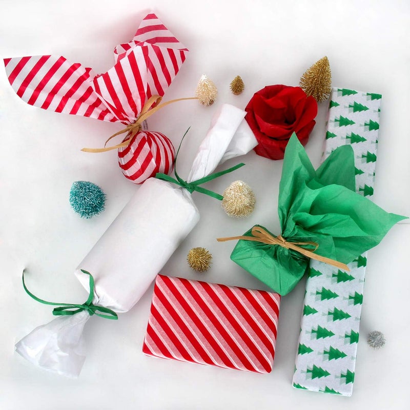 Blisstime Christmas Tissue Paper Gift Wrapping Paper, 120 Sheets, 13.5" X 19.5", White, Red, Green, Red Stripe, Christmas Trees Design - Image 5