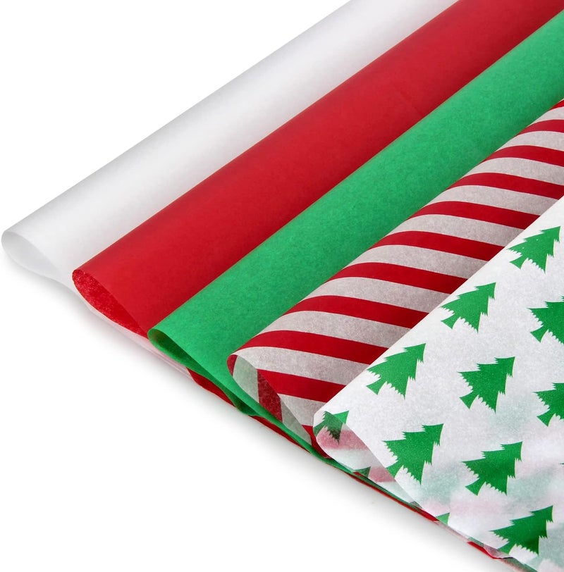 Blisstime Christmas Tissue Paper Gift Wrapping Paper, 120 Sheets, 13.5" X 19.5", White, Red, Green, Red Stripe, Christmas Trees Design - Image 1