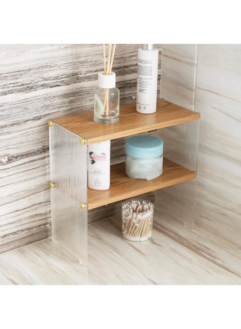 SYOSI Kitchen Storage Shelf, Two-Tier Countertop Display Stand with Ribbed Panels and Wood Shelves, Acrylic Coffee Station Organizer for Coffee Pods, K-Cups, Mugs, Condiments, Spice Jars (31x15x30cm) - Image 3
