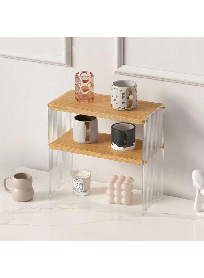 SYOSI Kitchen Storage Shelf, Two-Tier Countertop Display Stand with Ribbed Panels and Wood Shelves, Acrylic Coffee Station Organizer for Coffee Pods, K-Cups, Mugs, Condiments, Spice Jars (31x15x30cm) - Image 1