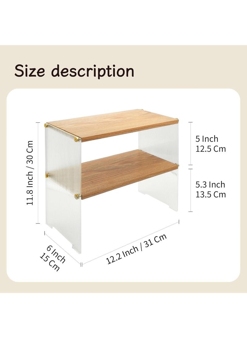 SYOSI Kitchen Storage Shelf, Two-Tier Countertop Display Stand with Ribbed Panels and Wood Shelves, Acrylic Coffee Station Organizer for Coffee Pods, K-Cups, Mugs, Condiments, Spice Jars (31x15x30cm) - Image 2