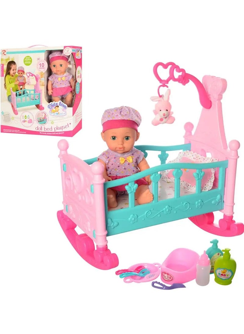 Toy Box - Bedtime  Baby Doll Children's Play Set Includes Baby Doll with 10 Sounds Cot & Feeding Accessories - Image 1