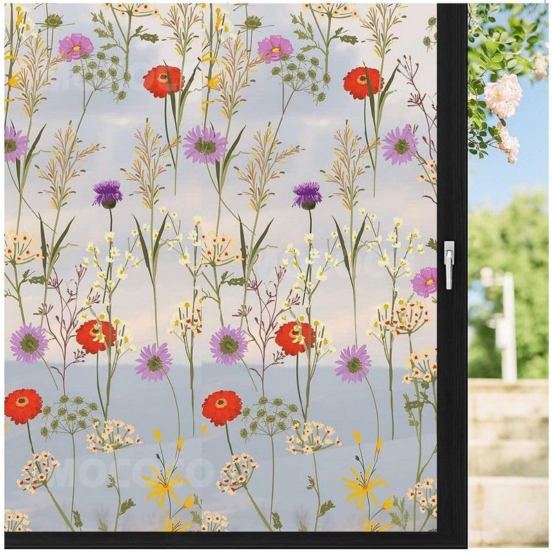 MOCOCO Premium Privacy Window Film Vinyl Frosted Self Adhesive Glass Film Decorative Window Stickers for Home Office Bathroom Kitchen Living Room - Mystic Flowers (18x96 Inch) - Image 1