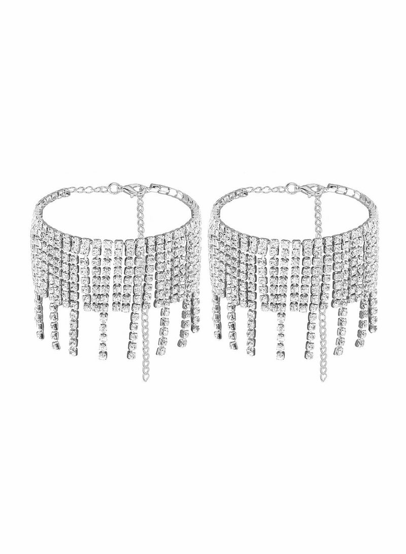 SOLARAE Boho Tassel Ankle Bracelets with Crystals and Rhinestones - Glittering Tennis Foot Chains for Weddings and Special Occasions - 2PCS Body Jewelry Accessories for Women and Girls. - Image 5