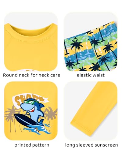 Ghteas Toddler Baby Boys Swim Set Two Piece Swim Trunks and Long Sleeve Rash Guard for Boys Kids Swimwear Yellow Shark Surfing Swim Shirts Coconut Tree Patterned Swim Trunks 5t Boys Swimsuit Set - Image 4