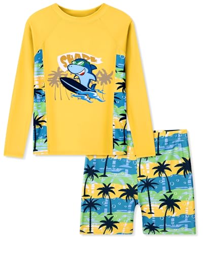 Ghteas Toddler Baby Boys Swim Set Two Piece Swim Trunks and Long Sleeve Rash Guard for Boys Kids Swimwear Yellow Shark Surfing Swim Shirts Coconut Tree Patterned Swim Trunks 5t Boys Swimsuit Set - Image 1