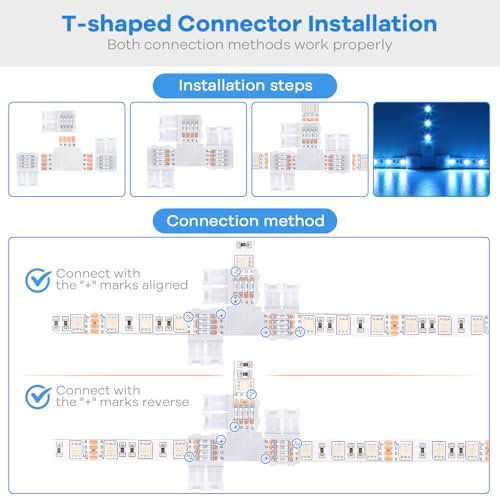Pmxary 42Pcs 4 Pin LED Strip Connectors Kit for 8mm Wide RGB LED Strip Light, Includes 8 L-Shaped, 4 T-Shaped, and 30 Solderless LED Light Connectors Clips, Easy for DIY Lighting Projects - Image 5