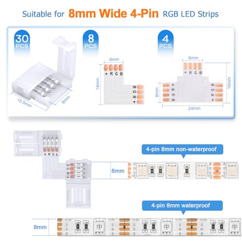 Pmxary 42Pcs 4 Pin LED Strip Connectors Kit for 8mm Wide RGB LED Strip Light, Includes 8 L-Shaped, 4 T-Shaped, and 30 Solderless LED Light Connectors Clips, Easy for DIY Lighting Projects - Image 2