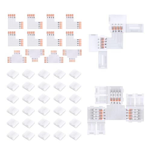 Pmxary 42Pcs 4 Pin LED Strip Connectors Kit for 8mm Wide RGB LED Strip Light, Includes 8 L-Shaped, 4 T-Shaped, and 30 Solderless LED Light Connectors Clips, Easy for DIY Lighting Projects - Image 1