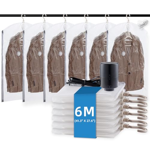 TAILI Hanging Vacuum Storage Bags with Electric Pump Vacuum Seal Bags for Clothing Travel Space Saver Closet Organizer for Clothes Coats Suits and Jackets 6 Short413x276 in - Image 1
