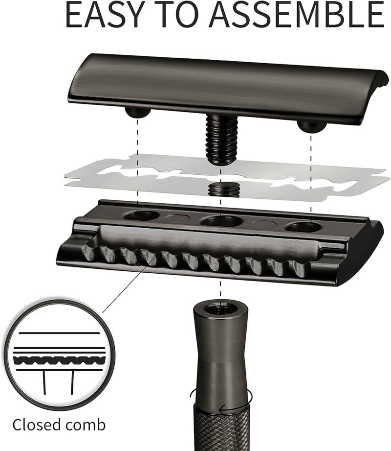 YOOJ ® Double Edge Safety Razor with 10 Safety Razor Blades, Razors for Men with Stand, Double Edge Safety Razors for Men, Suitable for Home, Travel (Black) - Image 4