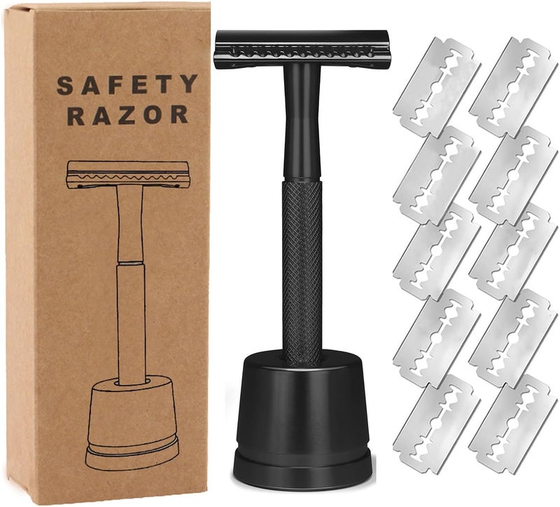 YOOJ ® Double Edge Safety Razor with 10 Safety Razor Blades, Razors for Men with Stand, Double Edge Safety Razors for Men, Suitable for Home, Travel (Black) - Image 1