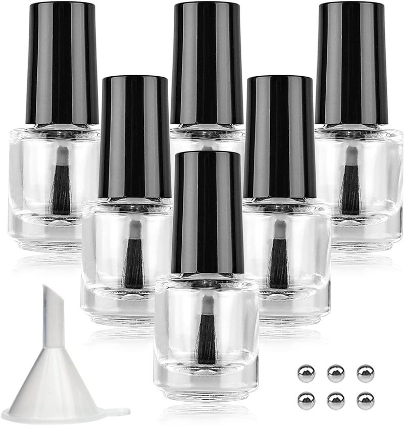 Agidea Empty Nail Polish Bottles with Brush Cap, Empty Glass Refillable Nail Polish Bottles with Mixing Agitator Balls & Funnels, Pack of 6 (5ML) Big & small space compatible - Image 1