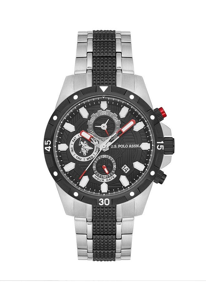 U.S. Polo Assn. U.S. Polo Assn. Crossing Men's 44mm Watch with Black Dial, Red Accents & Chronograph, Dual-Tone Silver & Black Band, Bold Style  - Image 1