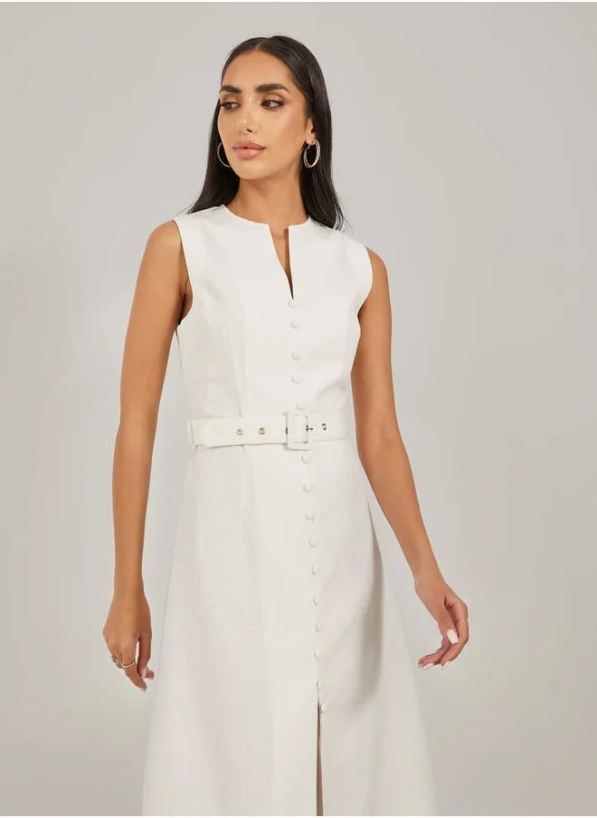 Styli Solid Sleeveless A-Line Midi Dress with Belted Detail