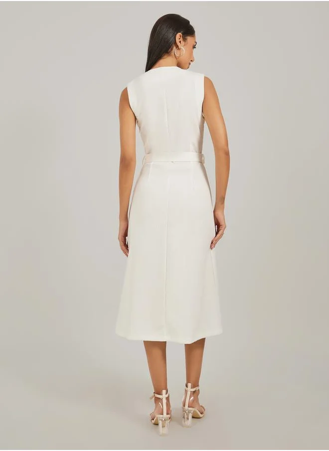 Styli Solid Sleeveless A-Line Midi Dress with Belted Detail