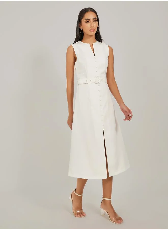 Styli Solid Sleeveless A-Line Midi Dress with Belted Detail