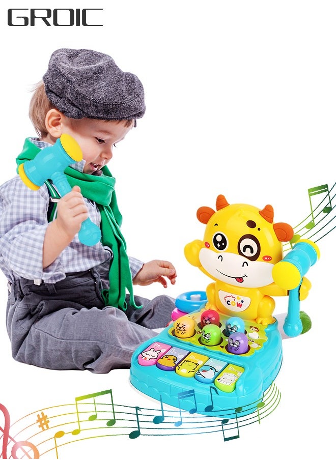 GROIC 2-In-1 Whack-a-Mole Game Piano Toys Whack A Cattle Game Hammering & Pounding Toys for Toddlers with Hammer Music and Light Interactive Early Education Toy Music Light Up Toys  - Image 1