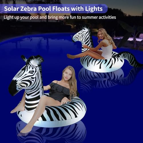 FlyfreeU Inflatable Zebra Pool Float with Lights, FlyfreeU Solar Swimming Pool Floats, Large Lake Floats Beach Water Floaty with Fast Valves, Glow in The Dark Thick Pool Floaties for Adults - Image 4