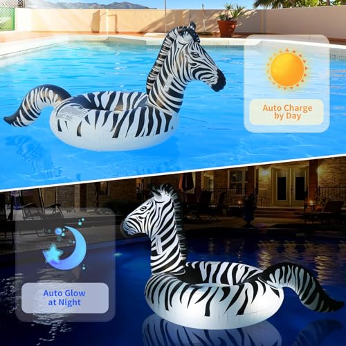 FlyfreeU Inflatable Zebra Pool Float with Lights, FlyfreeU Solar Swimming Pool Floats, Large Lake Floats Beach Water Floaty with Fast Valves, Glow in The Dark Thick Pool Floaties for Adults - Image 2