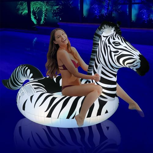 FlyfreeU Inflatable Zebra Pool Float with Lights, FlyfreeU Solar Swimming Pool Floats, Large Lake Floats Beach Water Floaty with Fast Valves, Glow in The Dark Thick Pool Floaties for Adults - Image 1