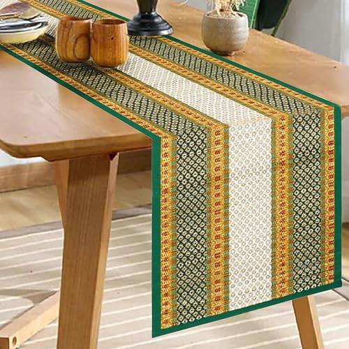 KalaTree Table Runner for 6 Seater Dining Table Centre Table 60 inch Handmade Reversible Heat Resistant | Korai River Grass Zero Plastic Madurkathi Eco Friendly | Rustic Boho | Green and White Runner - Image 1