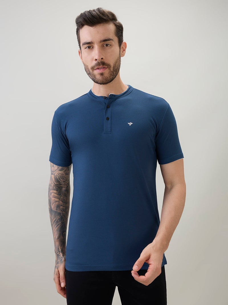 Solid Henley Neck Brand Logo Print  Regular Fit Teal T-shirt - Image 1