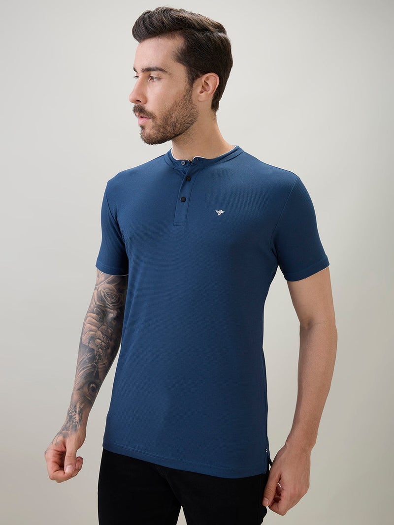 Solid Henley Neck Brand Logo Print  Regular Fit Teal T-shirt - Image 2