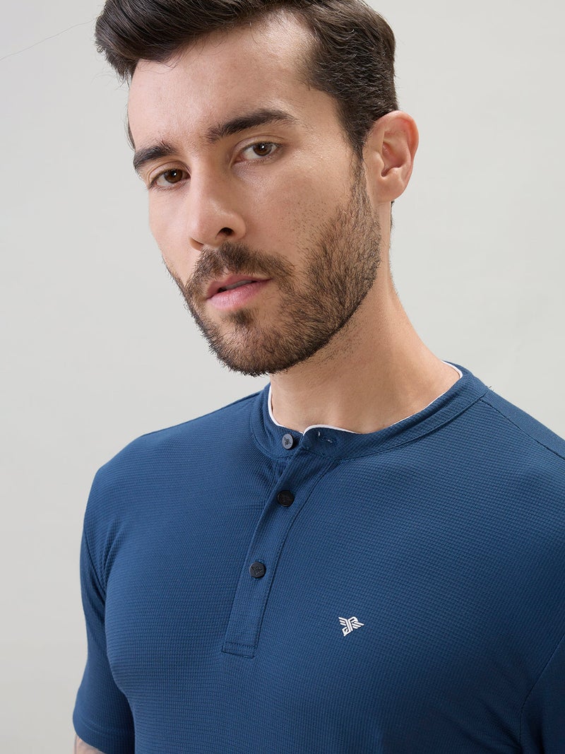 Solid Henley Neck Brand Logo Print  Regular Fit Teal T-shirt - Image 4