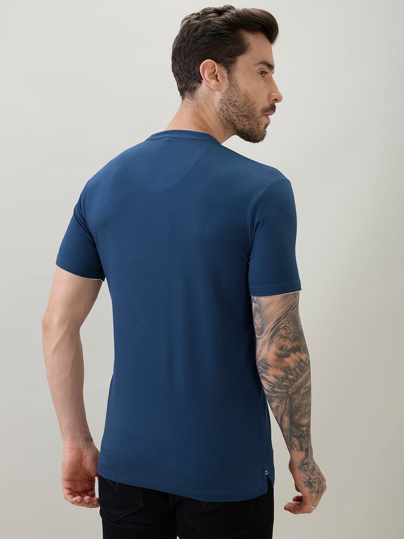 Solid Henley Neck Brand Logo Print  Regular Fit Teal T-shirt - Image 3