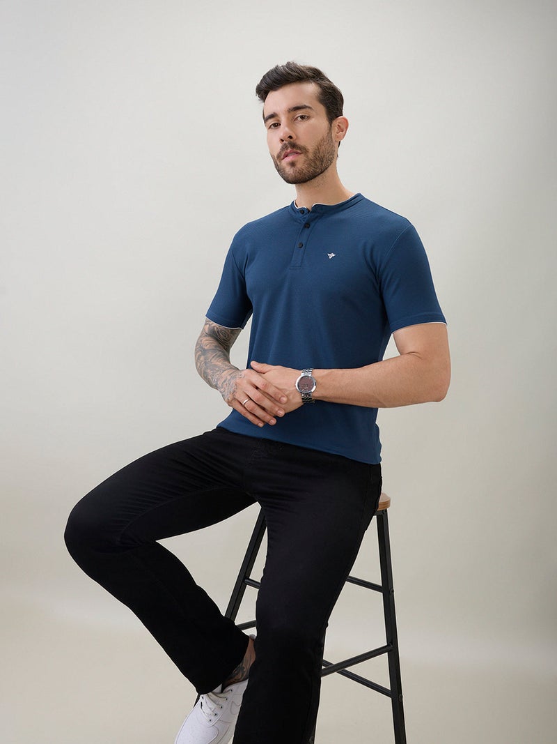 Solid Henley Neck Brand Logo Print  Regular Fit Teal T-shirt - Image 5