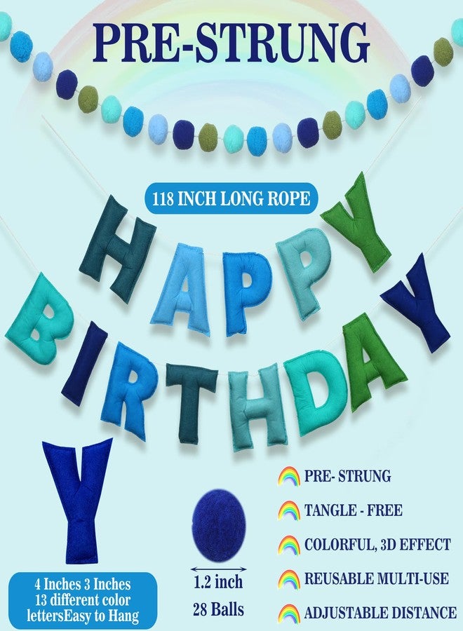 Mindsoft 2 Pcs 118 Inch Pre Strung Happy Birthday Felt Banner with Ball Garland Reusable Natural Handmade Letters & Balls for Birthday Sign Decorations Party Decor Photo Prop(Ocean Color) - Image 2