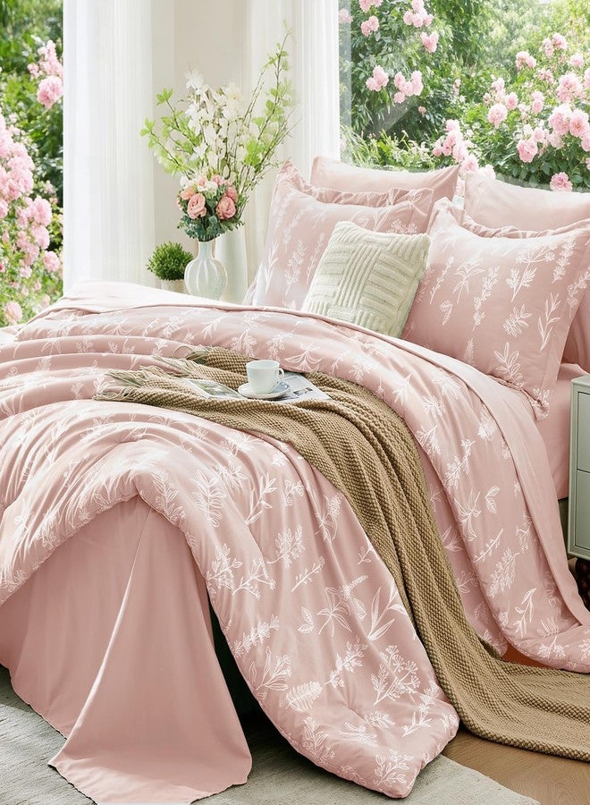 MUXHOMO Cameo Pink Bed in a Bag Queen 7 Pieces, Queen Comforter Set Reversible Botanical Flowers Design, Ultra Soft & Breathable Bedding Sets with Comforter, Sheets, Pillowcases & Shams - Image 1