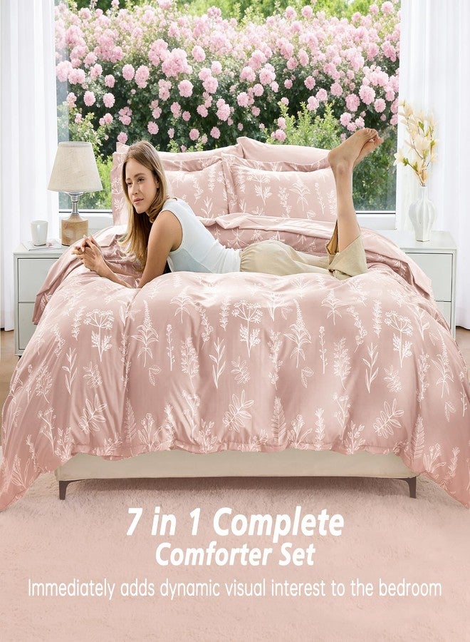 MUXHOMO Cameo Pink Bed in a Bag Queen 7 Pieces, Queen Comforter Set Reversible Botanical Flowers Design, Ultra Soft & Breathable Bedding Sets with Comforter, Sheets, Pillowcases & Shams - Image 4