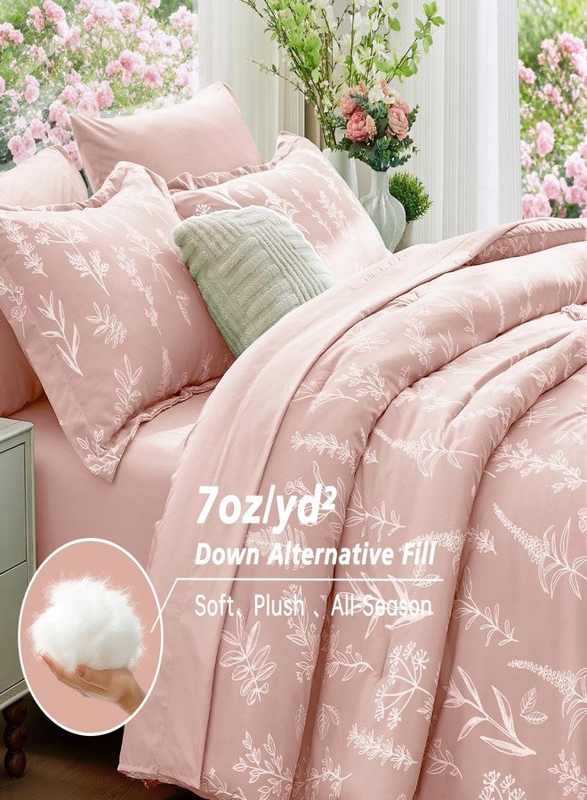 MUXHOMO Cameo Pink Bed in a Bag Queen 7 Pieces, Queen Comforter Set Reversible Botanical Flowers Design, Ultra Soft & Breathable Bedding Sets with Comforter, Sheets, Pillowcases & Shams - Image 3