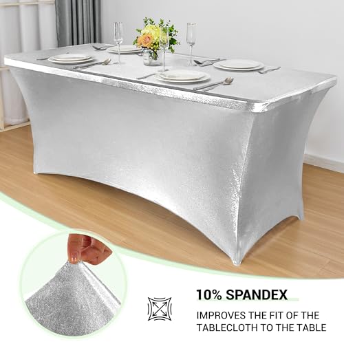 Obstal 6ft Stretch Spandex Table Cover for Standard Folding Tables Universal Rectangular Fitted Tablecloth Protector for Wedding Banquet and Party 72L x 30W x 30H Inches Stamping Silver 2pc - Image 3