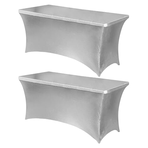 Obstal 6ft Stretch Spandex Table Cover for Standard Folding Tables Universal Rectangular Fitted Tablecloth Protector for Wedding Banquet and Party 72L x 30W x 30H Inches Stamping Silver 2pc - Image 1