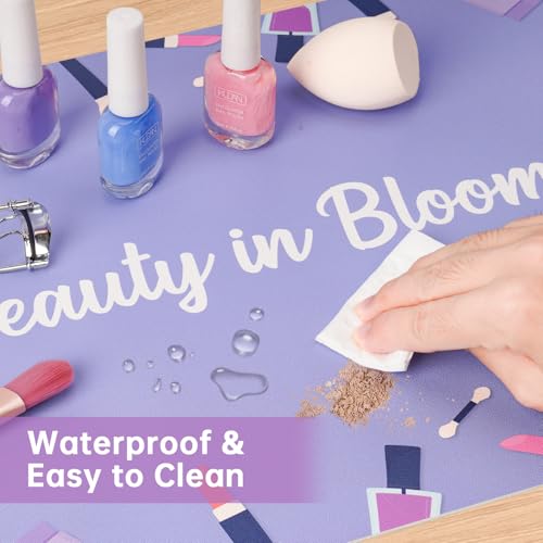 Aphlos Dual-Sided Waterproof Synthetic Leather Makeup Mat for Desk, Makeup Station, Crafts, Multi-Use Scratch & Stain Resistant Surface Protector Pad for Vanity, Desktop, Craft Table (Purple Cartoon) - Image 4