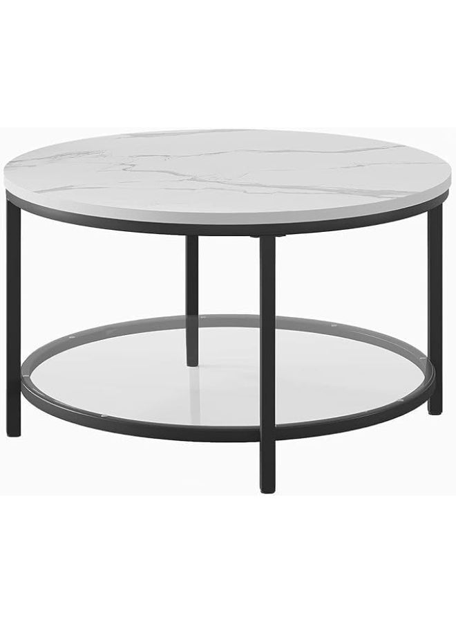 YINZUO Round White Marble Coffee Table with Black Metal Frame, Modern 2-Tier Living Room Table with Glass Lower Shelf for Storage & Display - Image 5