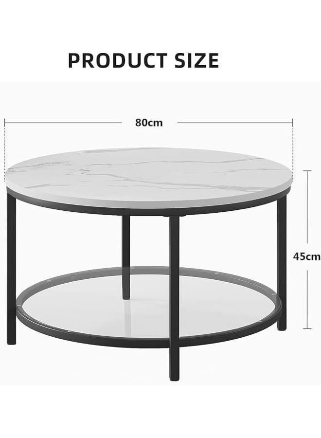 YINZUO Round White Marble Coffee Table with Black Metal Frame, Modern 2-Tier Living Room Table with Glass Lower Shelf for Storage & Display - Image 2
